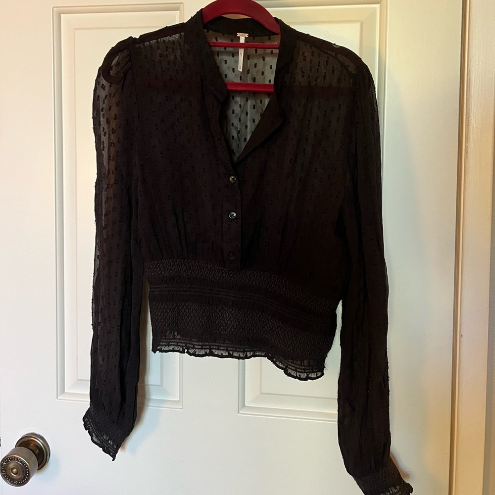 Free People Black Mesh Button Down Blouse